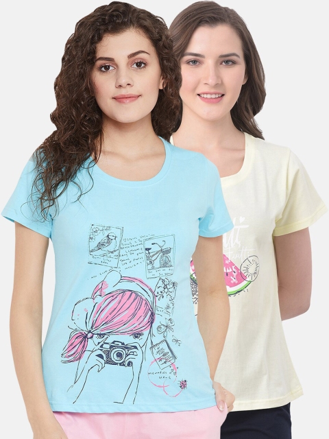 

Clovia Women Pack Of 2 Printed Pure Cotton Lounge T-Shirts, Blue