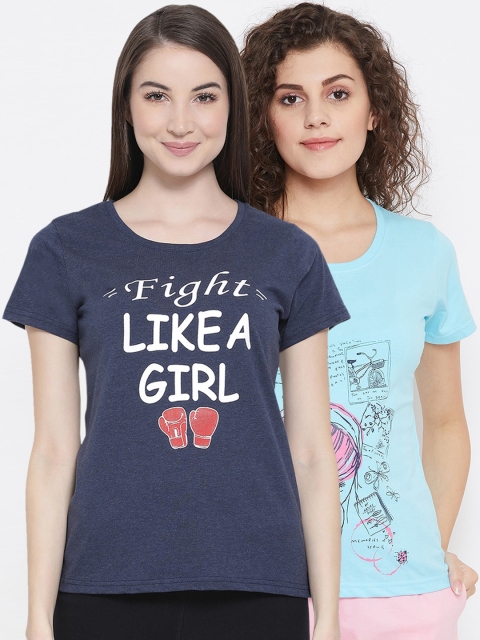 

Clovia Women Pack Of 2 Printed Pure Cotton Lounge T-Shirts, Blue