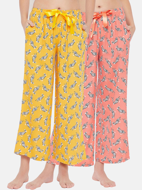 

Clovia Women Pack Of 2 Printed Cotton Lounge Pants, Yellow