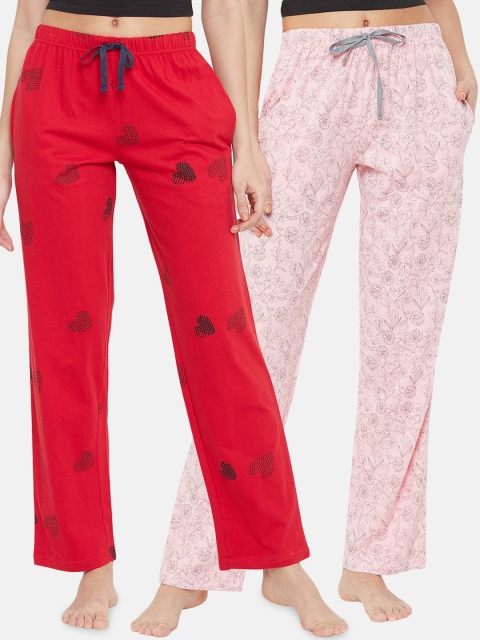 

Clovia Women Pack Of Red & Pink 2 Printed Cotton Lounge Pants