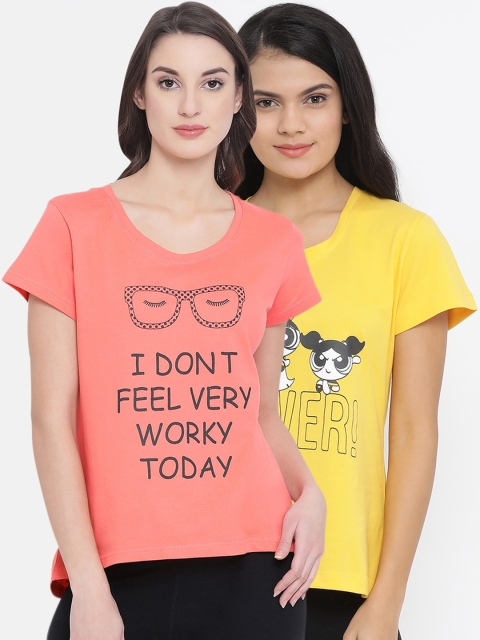 

Clovia Women Pack Of 2 Printed Pure Cotton Lounge T-Shirts, Yellow