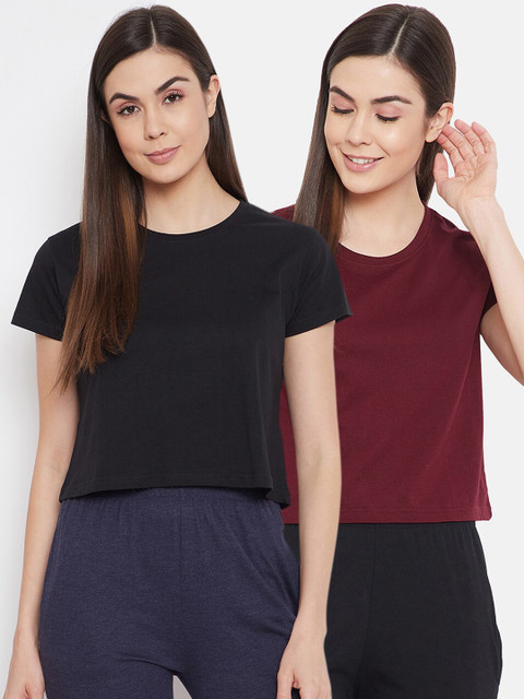 

Clovia Women Pack Of 2 Solid Pure Cotton Cropped Lounge T-Shirts, Maroon