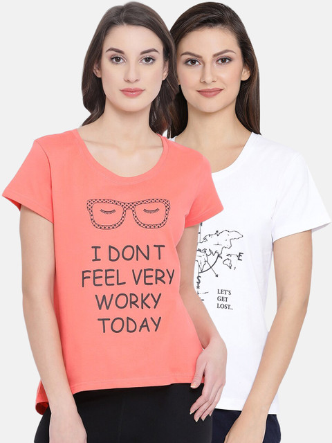 

Clovia Women Pack Of 2 Printed Pure Cotton Lounge T-Shirts, White