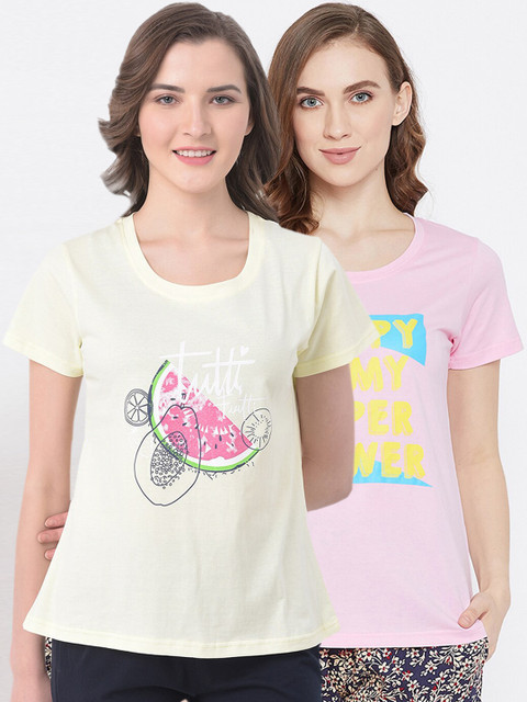 

Clovia Women Pack Of 2 Printed Pure Cotton Cropped Lounge T-Shirts, Yellow