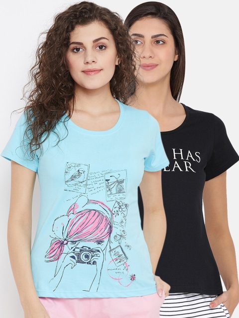 

Clovia Womens Black & Blue Cotton Pack of 2 Printed Short Sleeve T-Shirt