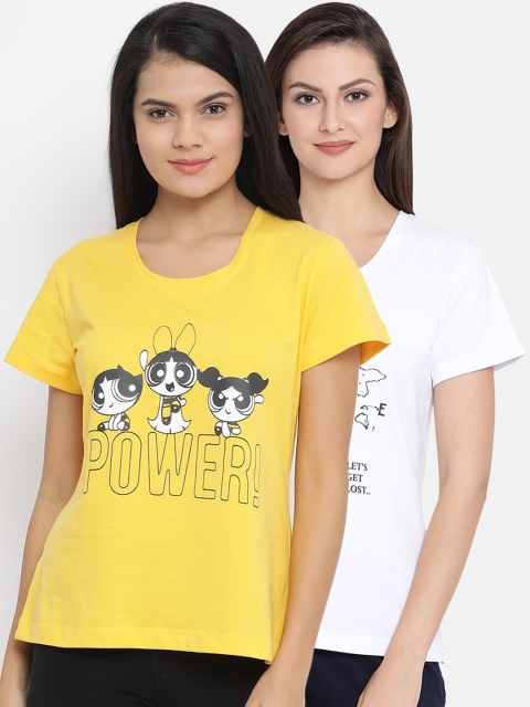 

Clovia Women Pack Of 2 Printed Pure Cotton Lounge T-Shirts, Yellow