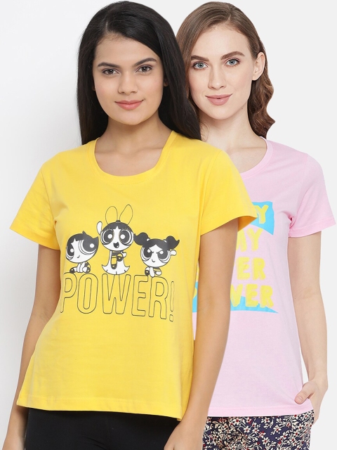 

Clovia Women Pack Of 2 Printed Pure Cotton Lounge T-Shirts, Pink