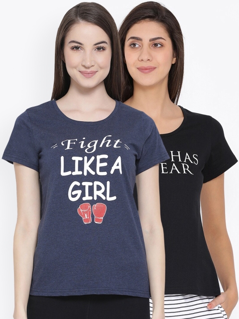 

Clovia Women Pack Of 2 Printed Pure Cotton Lounge T-Shirts, Blue