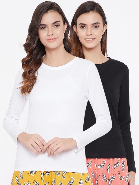 

Clovia Women Pack Of 2 Solid Pure Cotton Lounge T-Shirts, Black