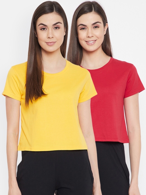 

Clovia Women Pack Of 2 Red & Yellow Pure Cotton Cropped Lounge T-Shirts
