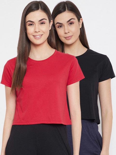 

Clovia Women Pack Of 2 Solid Pure Cotton Cropped Lounge T-Shirts, Black