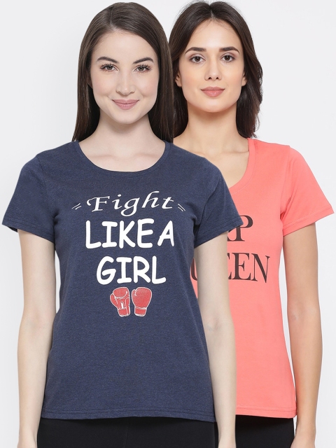 

Clovia Women Pack Of 2 Printed Pure Cotton Cropped Lounge T-Shirts, Pink