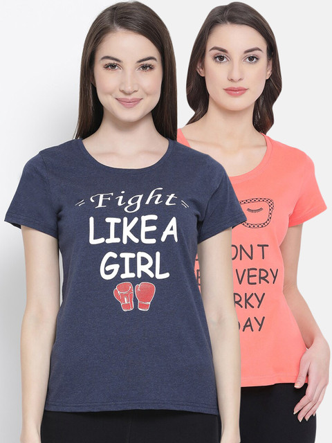 

Clovia Women Pack Of 2 Printed Pure Cotton Lounge T-Shirts, Coral