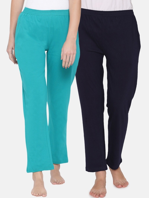 

Clovia Women Pack Of 2 Solid Cotton Lounge Pants, Blue