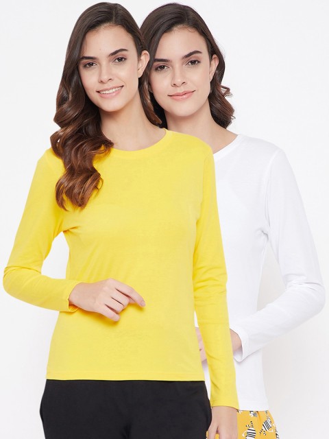 

Clovia Women Pack Of 2 Yellow & White Pure Cotton Lounge T-Shirts