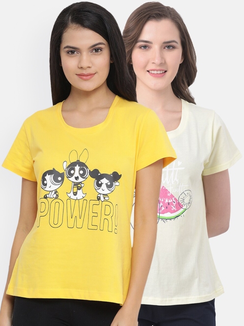

Clovia Women Pack Of 2 Yellow Printed Pure Cotton Lounge T-Shirts