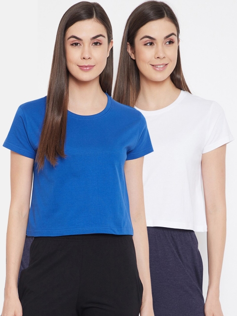 

Clovia Women Pack Of 2 Solid Pure Cotton Cropped Lounge T-Shirts, White