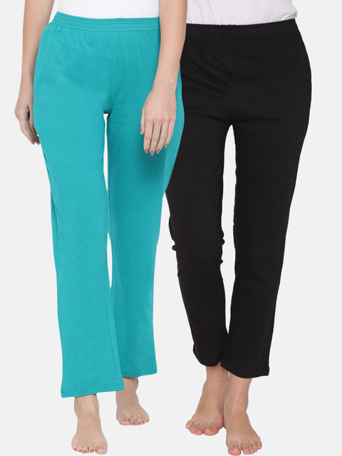 

Clovia Women Pack Of 2 Black & Green Solid Cotton Lounge Pants