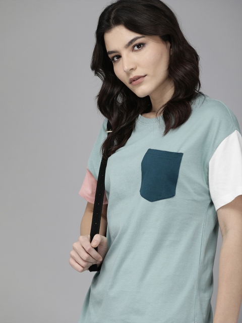 

Roadster Women Green & White Colourblocked Pure Cotton T-shirt
