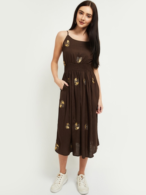 

max Brown & Gold-Toned Embroidered Midi Dress