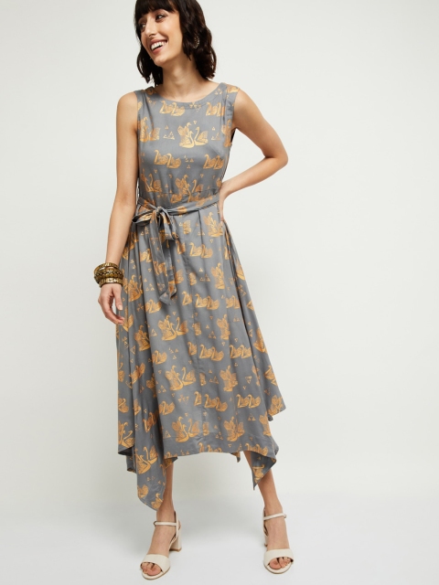 

max Women Grey Geometrical Printed A-Line Midi Dress