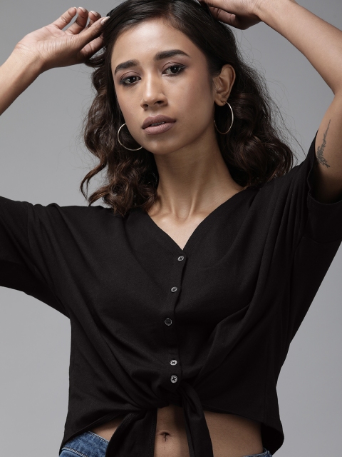 

Roadster Black Solid Oversized Shirt Style Pure Cotton Crop Top with Front Knot