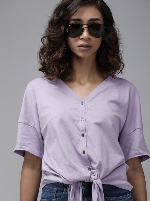

Roadster Lavender Solid Oversized Shirt Style Pure Cotton Crop Top with Front Knot