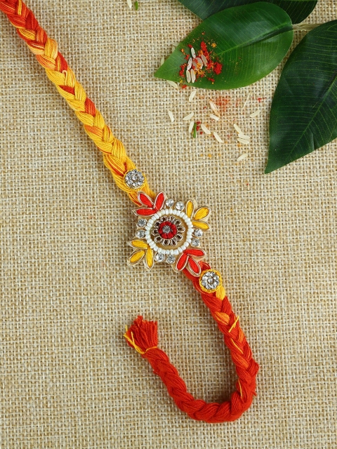 

Aapno Rajasthan Yellow & Red Mauli Braided Handcrafted Rakhi in Floral Background