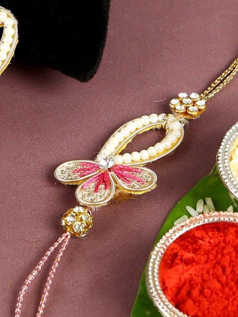 

Aapno Rajasthan Multicoloured Bhaiya Bhabhi Traditional Rakhi Set, Pink