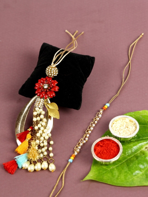 

Aapno Rajasthan Gold-Toned & Red Pearl and Beads Embellished Bhaiya Bhabhi Rakhi Set