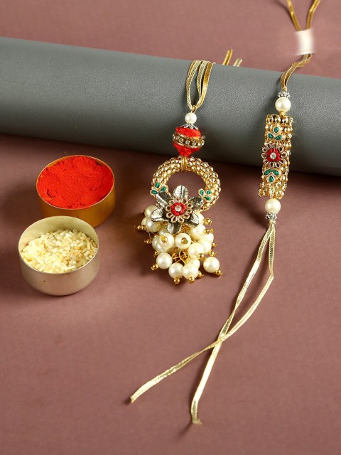 

Aapno Rajasthan Multicoloured Bhaiya Bhabhi Traditional Rakhi Set, Gold