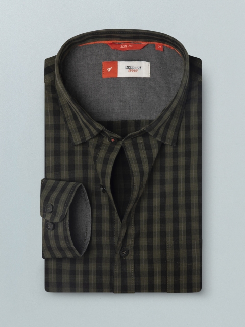 

INVICTUS Men Olive Green & Black Slim Fit Tartan Checked Pure Cotton Casual Shirt