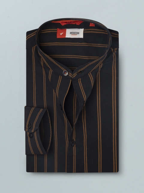 

INVICTUS Men Black & Mustard Yellow Cotton Slim Fit Striped Casual Shirt