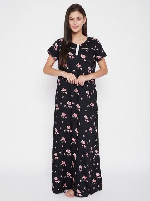 

Clovia Women Black & Pink Floral Printed Night Dress