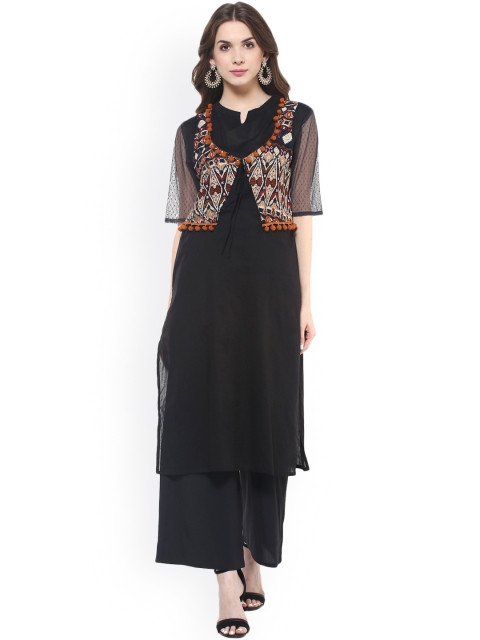 

Pannkh Women Black Solid Straight Kurta