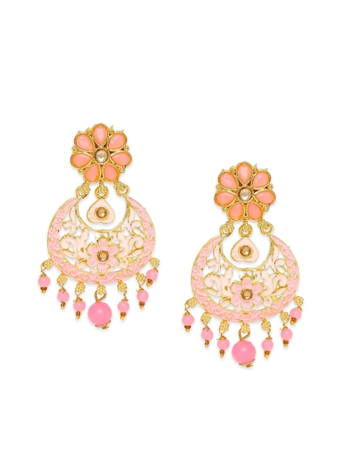 

Mahi Gold-Plated & Pink Meenakari Crescent Shaped Chandbalis