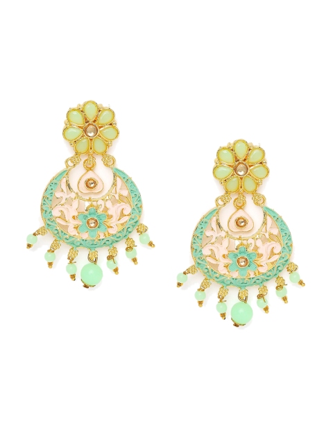 

Mahi Gold-Plated & Green Meenakari Crescent Shaped Chandbalis
