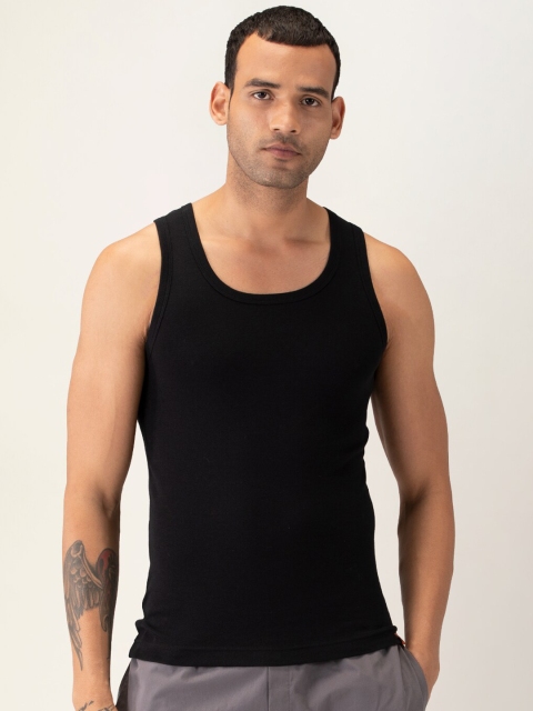 

DAMENSCH Men Black Solid Pure Cotton Ribbed Innerwear Vest