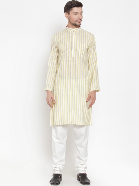 

KLOTTHE Men Yellow Striped Pleated Pure Cotton Kurta with Pyjamas