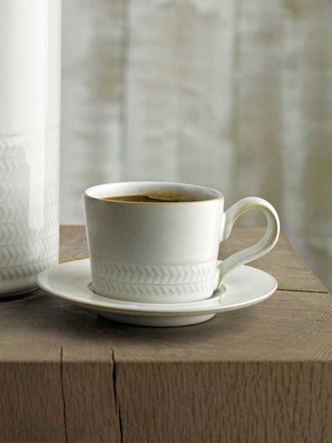 

Denby Set of 2 White Handcrafted Printed Ceramic Glossy Cups & Saucers