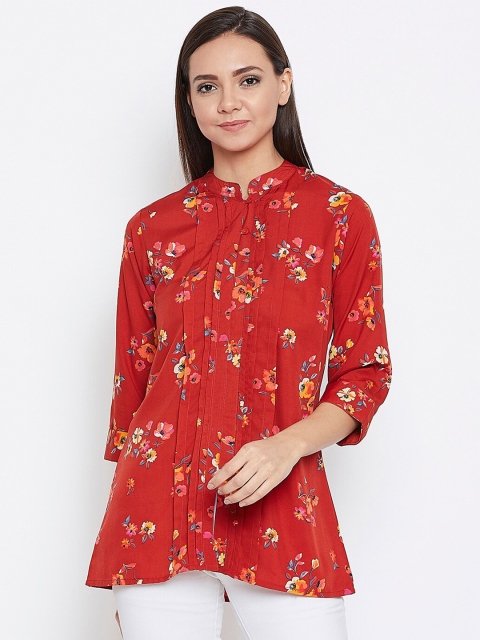 

Ruhaans Women Rust Floral Printed Pintuck Crepe A-Line Top