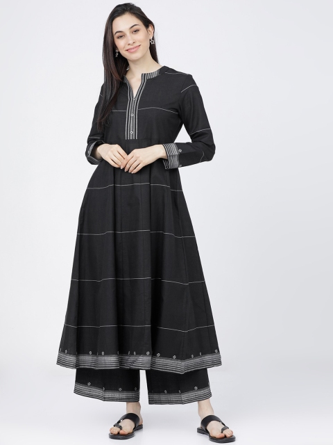 

Vishudh Women Black Striped Pleated Pure Cotton Kurta with Palazzos