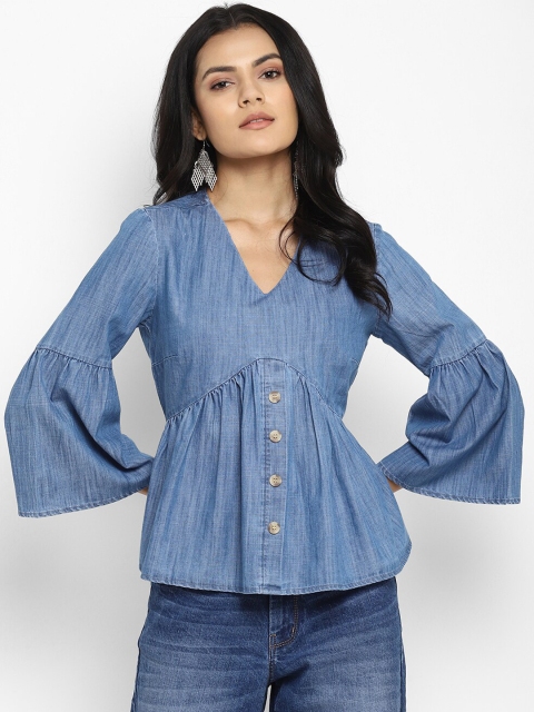 

FOSH Women Blue Bell Sleeve Washed Denim Cotton Empire Top