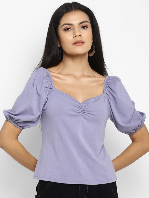 

FOSH Women Lavender Sweetheart Neck Puff Sleeve Regular Top