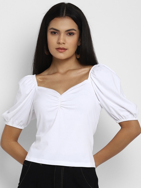 

FOSH Women White Sweetheart Neck Puff Sleeve Regular Top