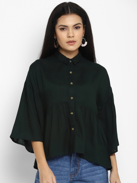 

FOSH Women Green Flared Sleeve Shirt Style Top