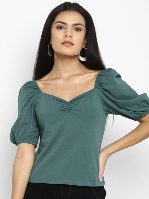 

FOSH Women Green Sweetheart Neck Puff Sleeve Regular Top