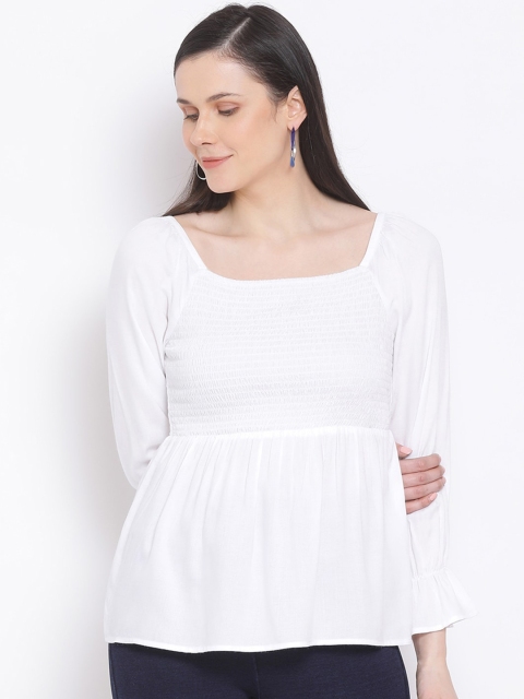 

FOSH Women White Smocked A-Line Top