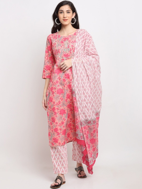 

Ardozaa Women Pink Ethnic Motifs Screen Print Pure Cotton Kurta with Trousers & Dupatta