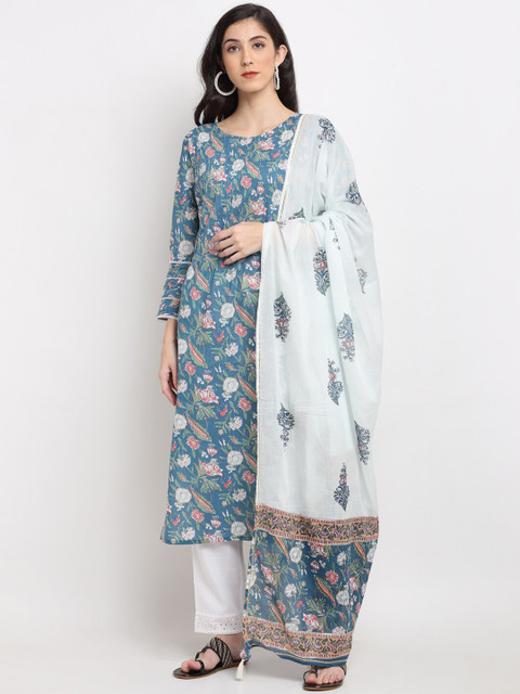 

Ardozaa Women Blue Ethnic Motifs Screen Print Pure Cotton Kurta with Trousers & Dupatta